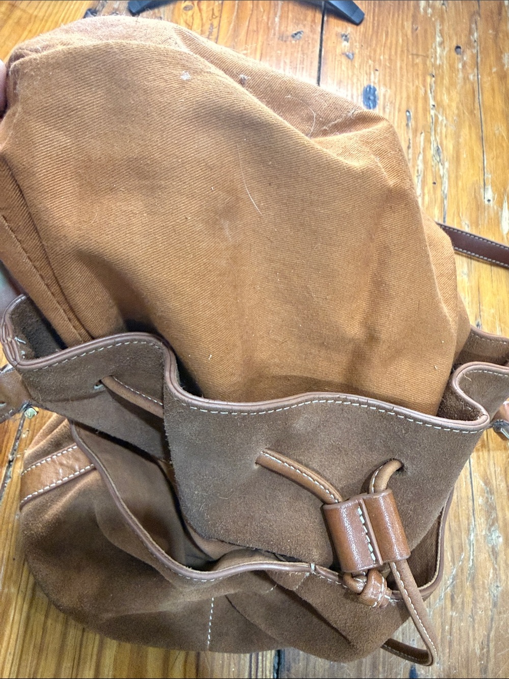 J. McLaughli Suede Leather Drawstring Hobo Bucket Brown Crossbody Bag Purse - Picture 6 of 13